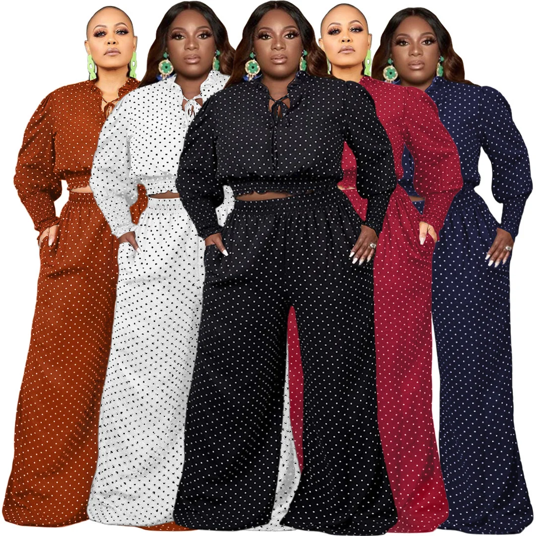 Plus Size Women Clothing 2 Piece Set Outfits Dot Print Elastic Waist Top Casual Wide Leg Pants Fall Wholesale 3xl 4xl 5xl 6xl