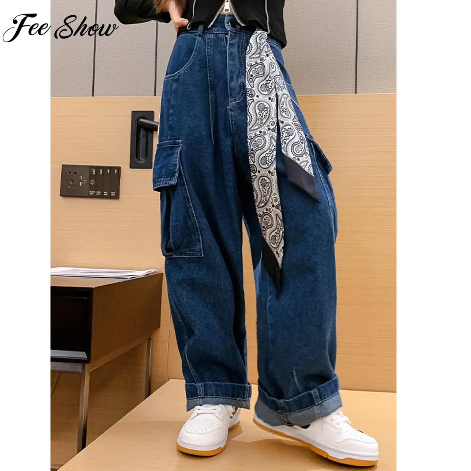 

Children Girls Fashion Casual Korean Style Jean Retro Ribbon Decor Wide Leg Loose Denim Cargo Pants Hip Hop Street Dance Costume