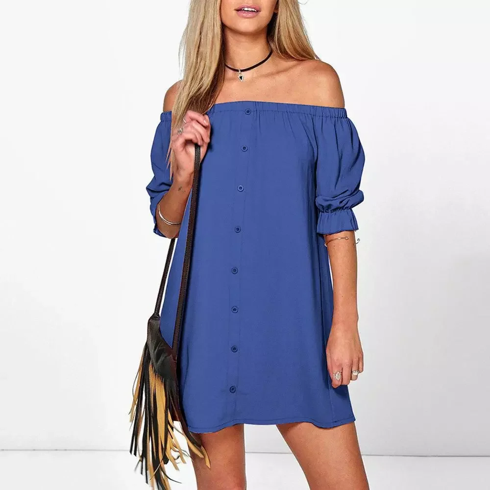 

Sexy Loose Solid Knitting Cotton Casual Mini Dress Women Fashion Dress Sexy Ladies Off The Shoulder Half Sleeve Sexy Club Dress