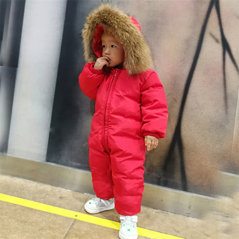 

White Russian Winter Infant Warm Duck Down Rompers Children Outdoor Ski Sets new born Baby girl clothes Fur Hooded Jumpsuits -30