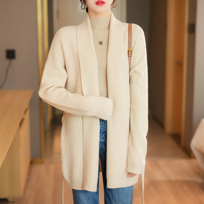 Autumn and Winter New Women's V-neck Medium Long Cardigan Sweater Coat 100 Pure Wool Sweater Loose Knit with Versatile