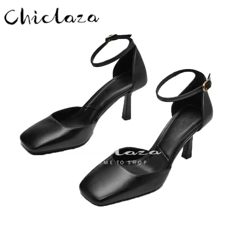 

CHICLAZA 2022 Summer Women Fashion Genuine Leather Vintage Simple High Heel Shoes Female Casual Square Head Sandals