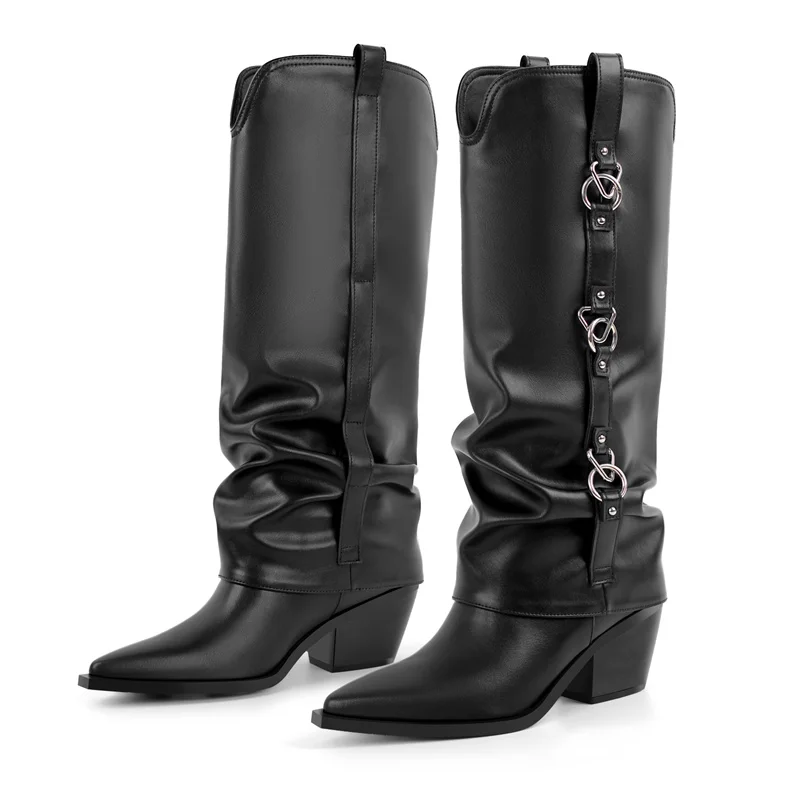 Женские черные матовые сапоги Onlymaker с острым носком складывающиеся выше колена