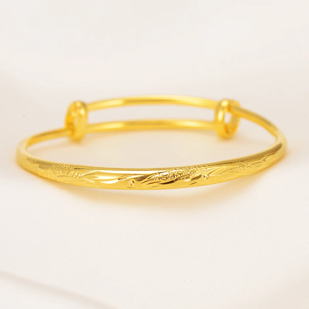 

24K Yellow Gold Filled Bangles For Women Feather Bead Bracelet & Bangle Adjustable Pulseira Femme Wedding Bridal Jewelry Bijoux