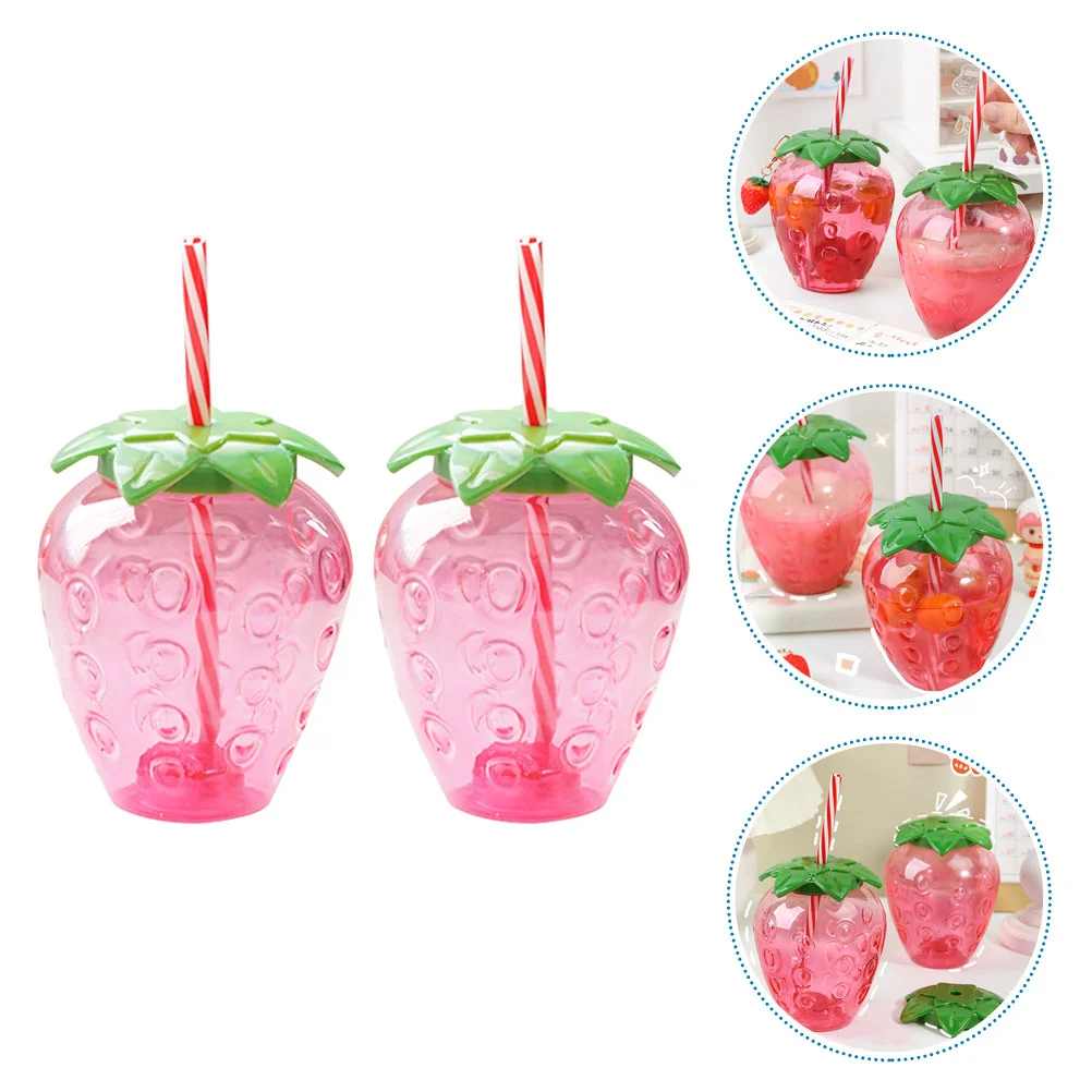 

2Pcs Clear PP Mugs with Lid and Straw Lovely Strawberry Pattern Drinking Cups