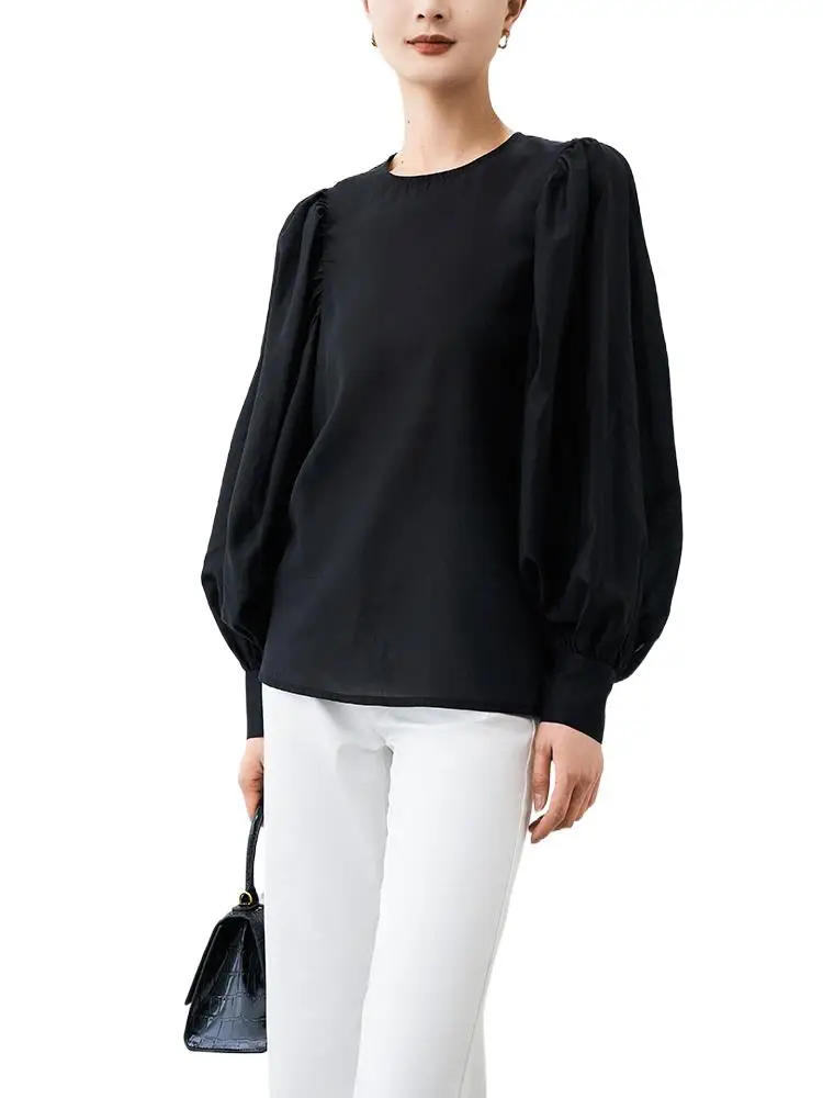 

Spring Rayon Round Neck Shirts Female Lantern Sleeve Temperament Loose Fit Versatile Solid Advanced Sense Pullover Tops Blouses