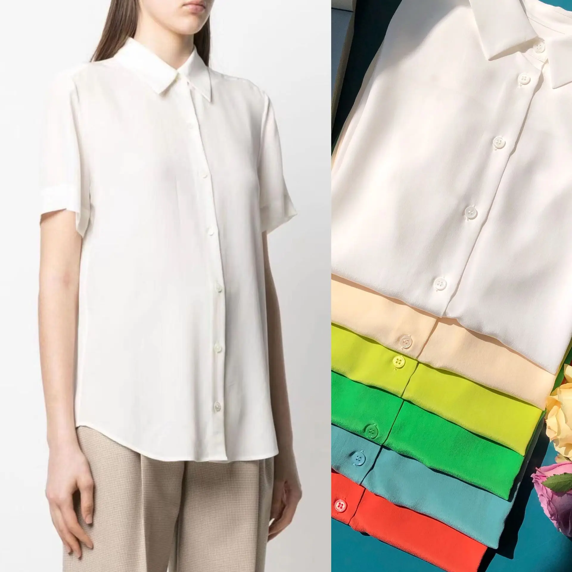 

18 Mm Sand Wash Mulberry Silk Shirt Simple Smooth Plate Style Pocketless Silk Six Color Short Sleeve Shirt Cool As The Wind~