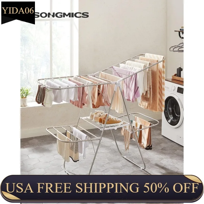 

SONGMICS Clothes Drying Rack, Foldable 2-Level Laundry Drying Rack, Free-Standing Large Drying Rack, with Height-Adjustable