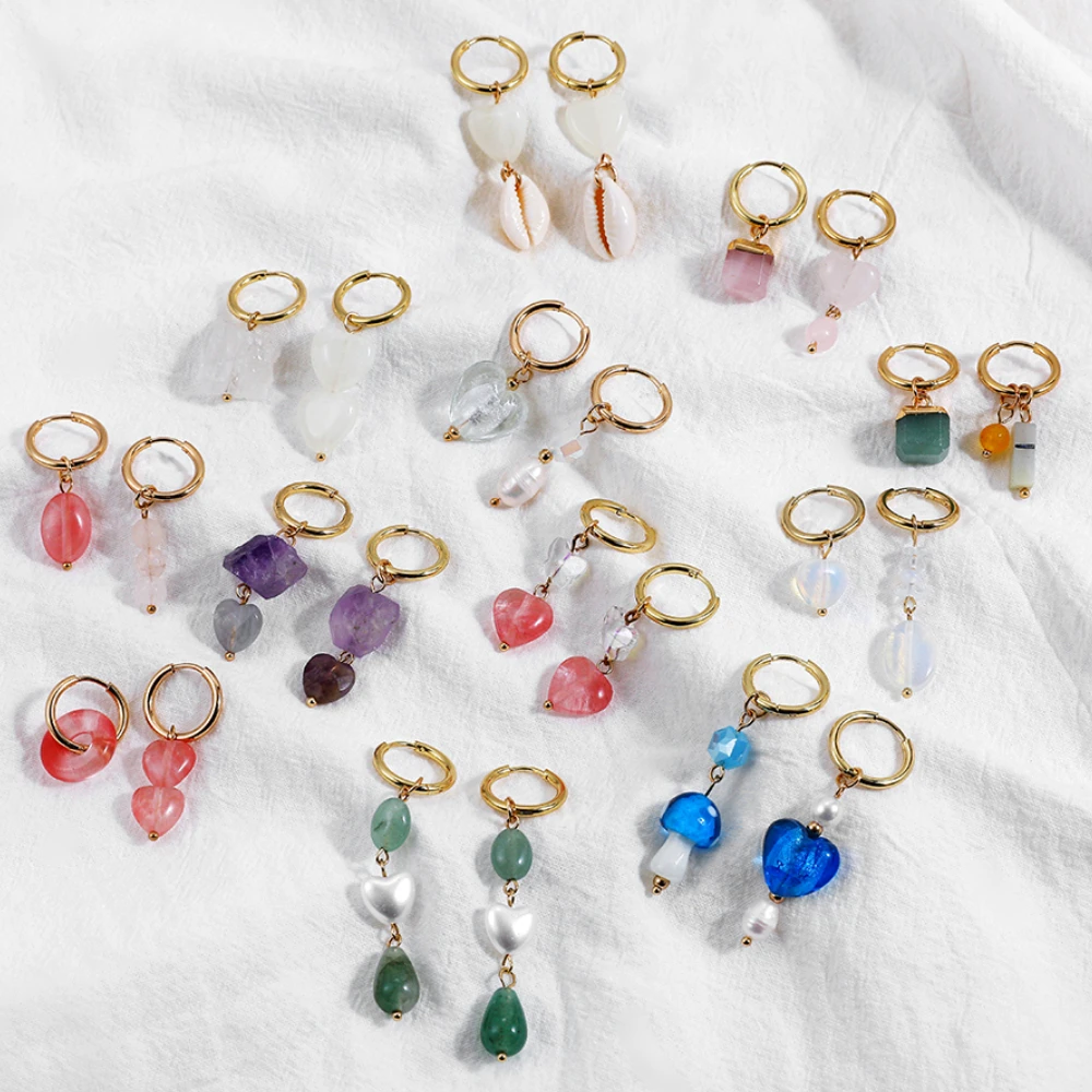 

Geometric Heart Natural Stone Hoop Earrings for Women Gold Color Stainless Steel Circle Huggie Earrings Korean Jewelry