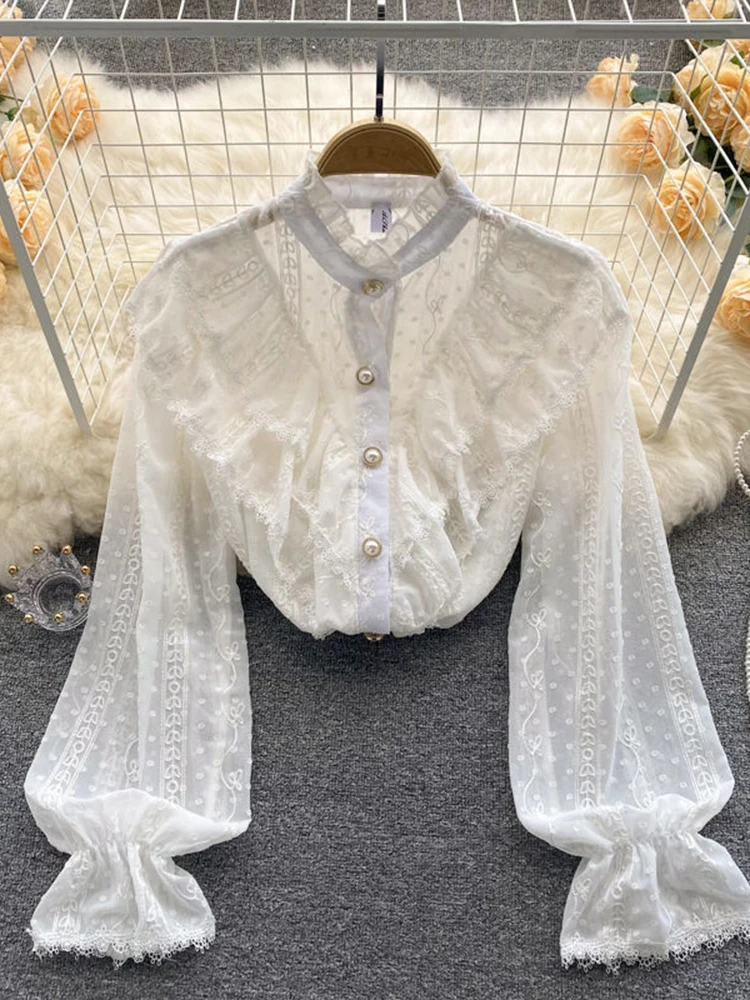 

Elegant Lace Blouses Women Fashion Sweet Ruffle Stitching Blouse Loose Casual Shirts Autumn Korean Style White Tops Blusas