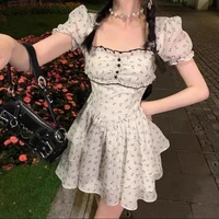 nigeey korean style backless chiffon summer dress vintage floral puff sleeve mini dress elegant dresses for women party