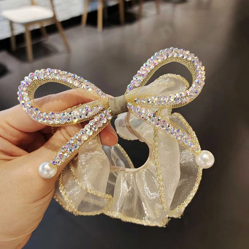

Elegant Large Bow Elastic Hair Bands Fabric Scrunchies Crystal Butterfly Girls Jewelry Rhinestone Headbands For Women Headpiece