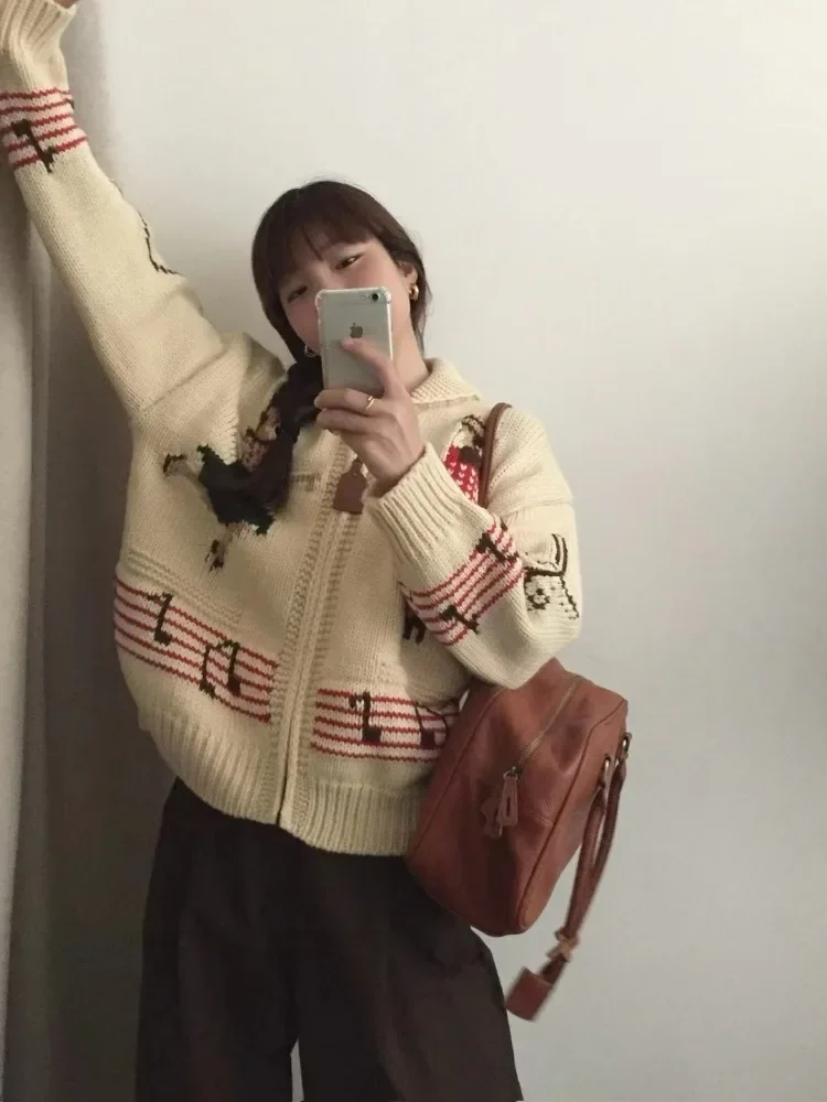 Корейский винтажный жаккардовый свитер Korobov вязаный кардиган контрастных цветов