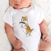 new simple cat biting fish print o neck infant bodysuits sweet casual summer soft and comfortable baby onesie