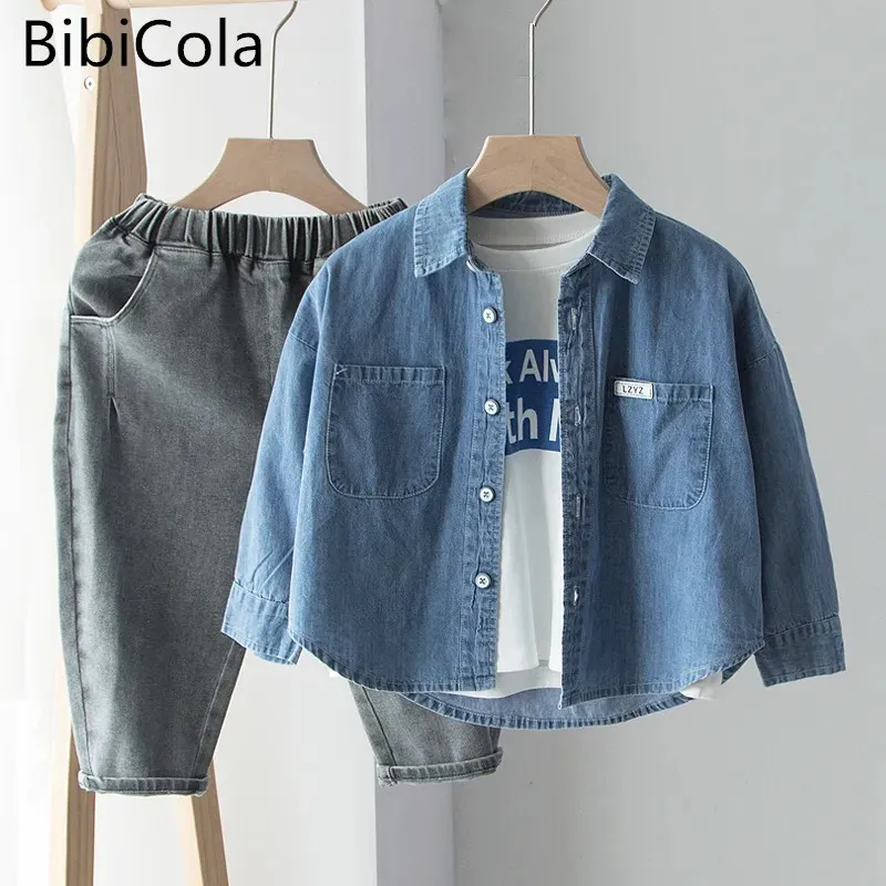 

New Fashion Jeans Shirts for Kids Spring Turn-down Collar Fall Clothes for Toddler Boys Cotton Children Denim Tops 1-7Y