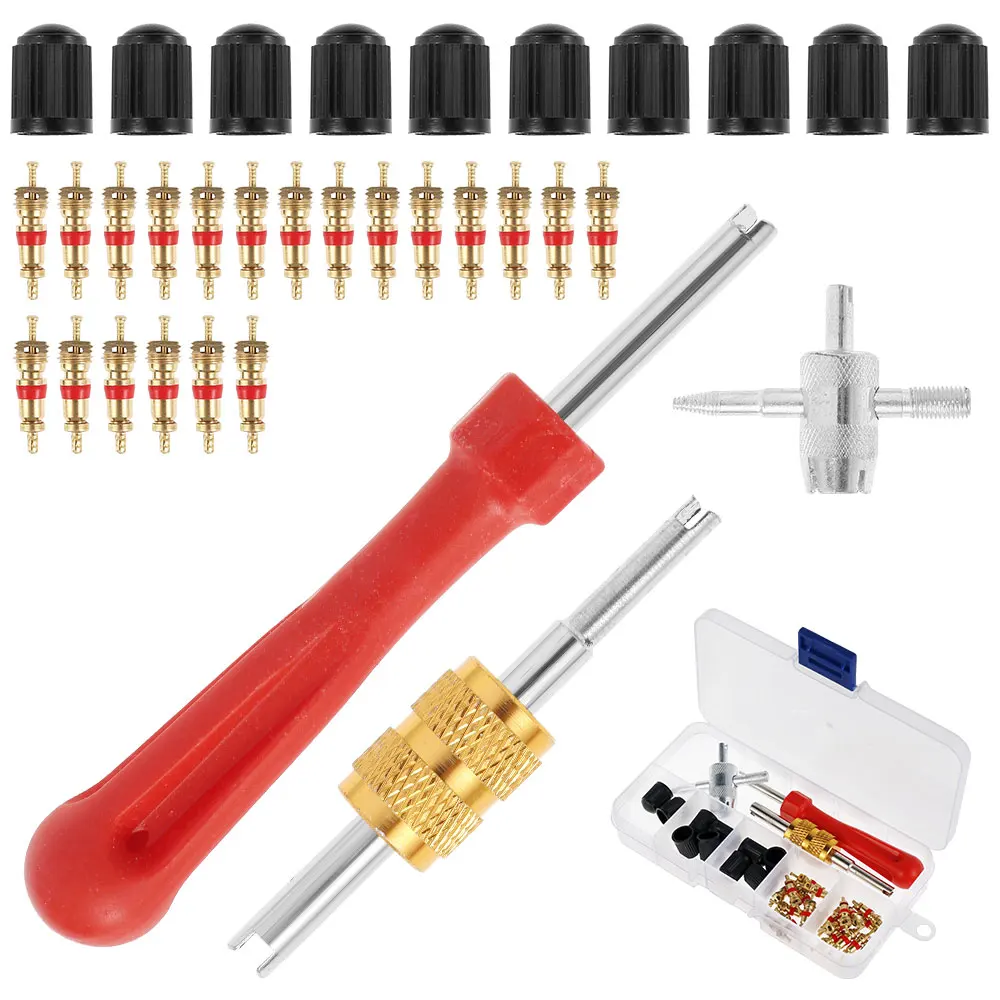 

33Pcs Tire Valve Stem Puller Tools Set Snap-in Valve Stems with 10Pcs Tyre Valve Caps 20Pcs Valve Cores 2Pcs Dual & Single Head