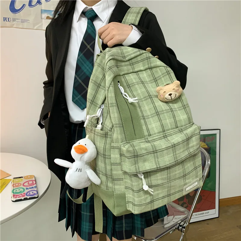 

Small Fresh Forest Plaid Schoolbag College Wind Cute Bear Girl Backpack Breathable Ultra-light Campus School Bag