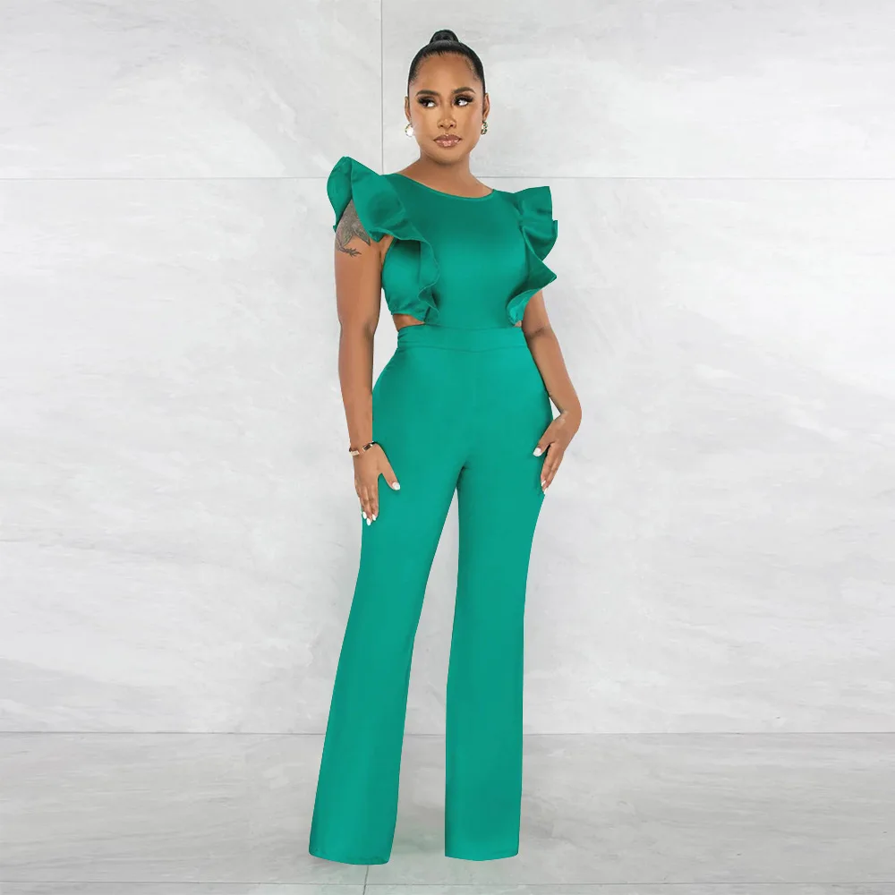 

Leosd Office Lady Ruffles Side Hollow Out Women Jumpsuit Short Sleeve Wide Leg Pants Elegant One Piece Night Party Romper 2023