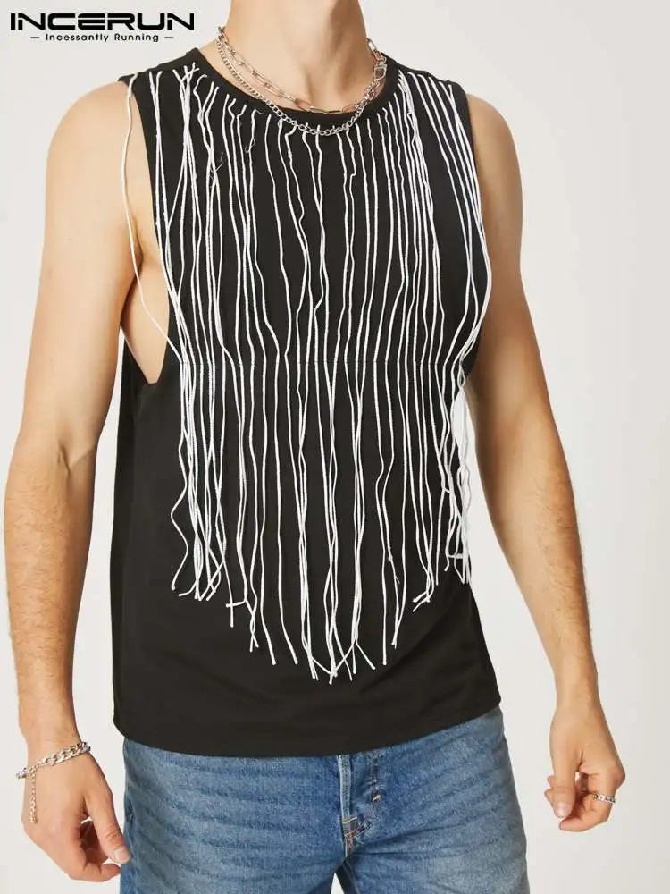 

INCERUN Fashion Men Tank Tops Tassel Round Neck Sleeveless Personality Casual Vests 2022 Summer Streetwear Men Clothing S-5XL