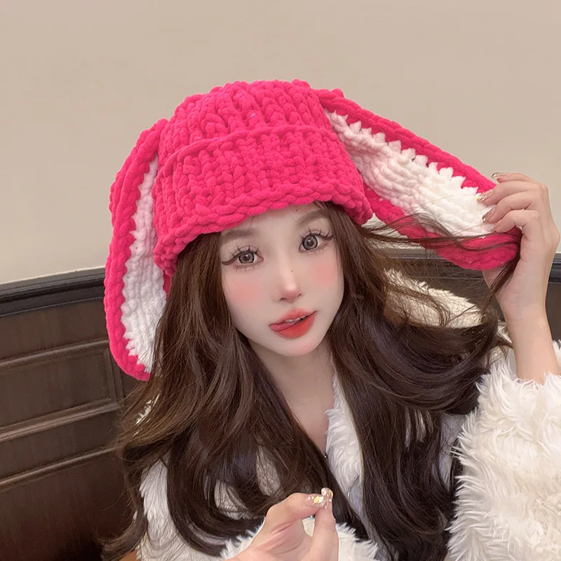 

Cute Hello Kitty Y2K Plush Hats for Women Winter Warm Crochet Ear Protection Hat Solid Color Autumn Knitted Caps Girl Gift