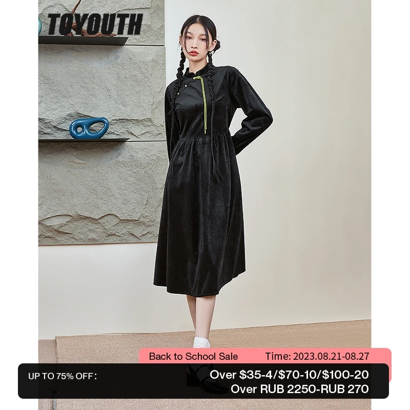 

Toyouth Women Dress 2022 Winter Long Sleeves Stand Collar A-line Fitted Waist Vintage Button Design Casual Chic Midi Skirt