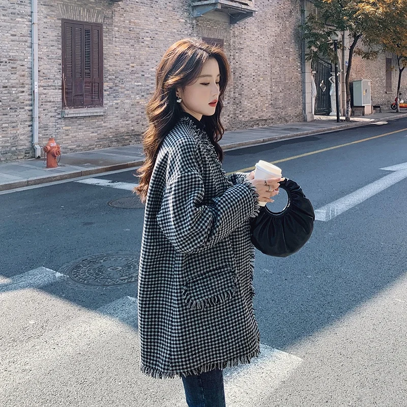 Изящное пальто из твида Женское шерстяное средней длины в Корейском стиле