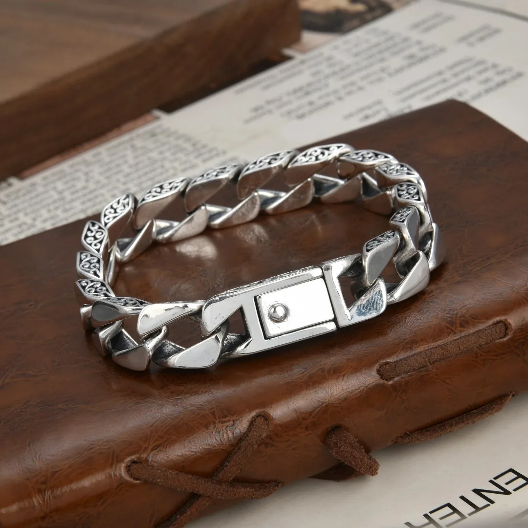 

S925 Sterling Silver Men's Personality Vine Wreath Buckle Insert Tank Bracelet Thai Silver Retro Smooth Silver Chain Engraving