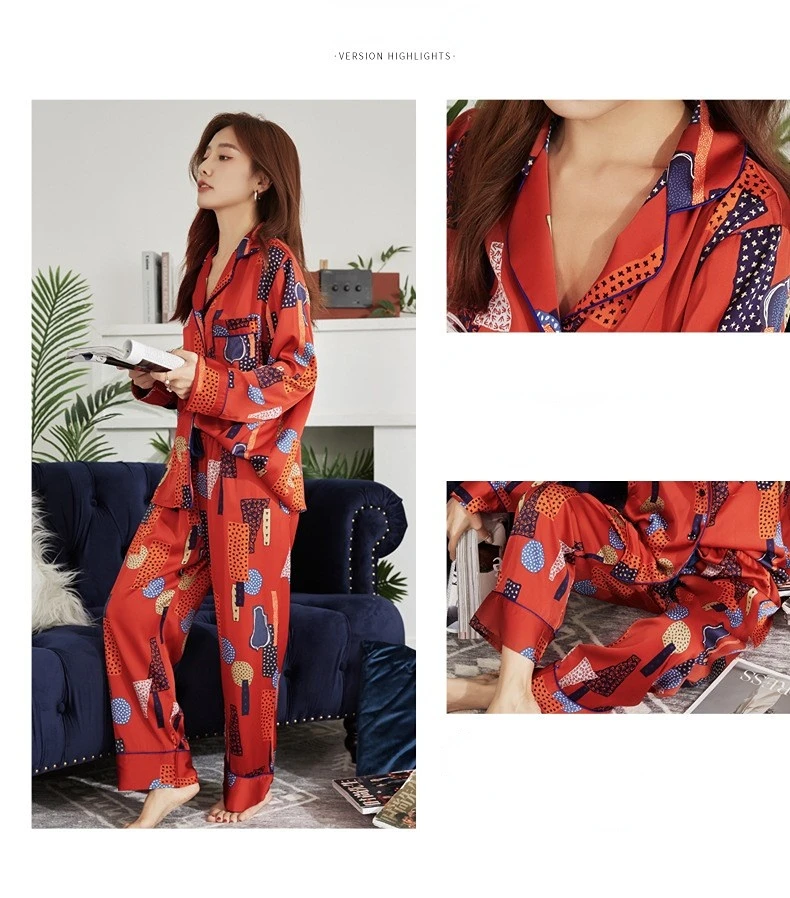 Women's 2 Piece Pajamas Sets Spring Floral Pijama Ice Silk Female Pyjama Sleepwear Long Sleeve Shirt Pants Homewear Loungewear