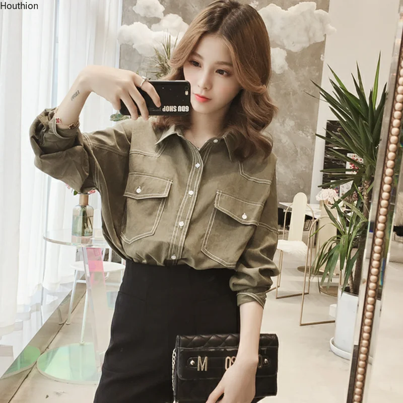 

Летняя женская блузка, Корейская рубашка, Удобный Повседневный однотонный модный топ с отложным воротником и длинным рукавом, Новинка