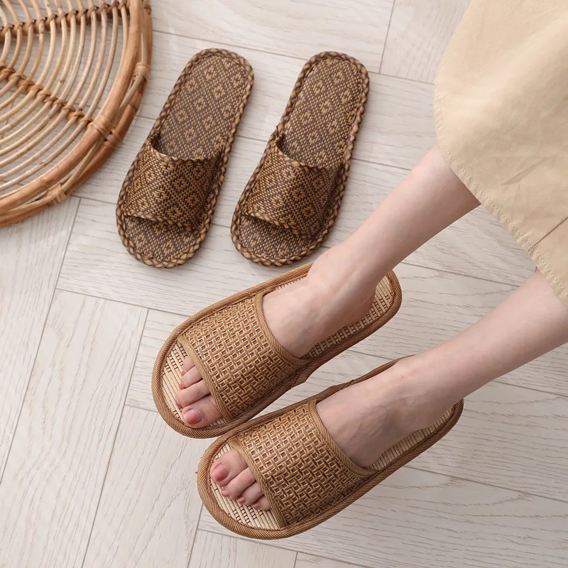 Rattan Home Linen Slippers for Women Men Summer Wisteria Woven Cooling Floor Indoor Slides Unisex Bedroom Shoes Mujer Zapatilla