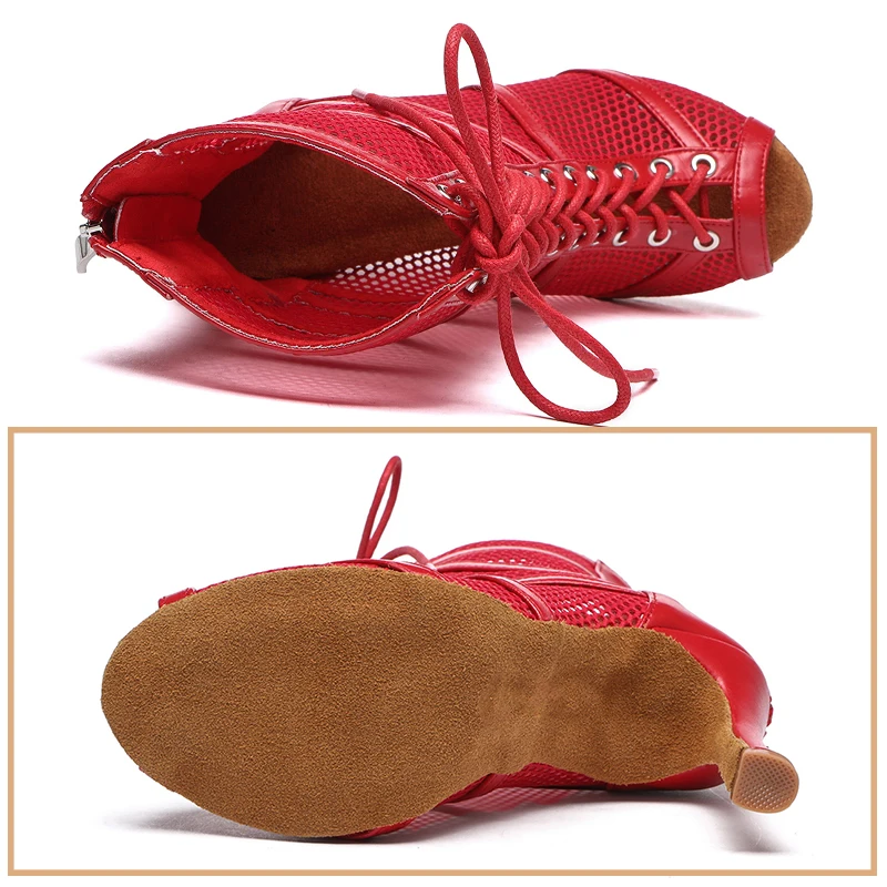 SWDZM Women Dance Shoes High Top Ballroom Boots Black Red Jazz Dance Shoes Suede Sole Shoes For Dancing Custom Heel Sandals