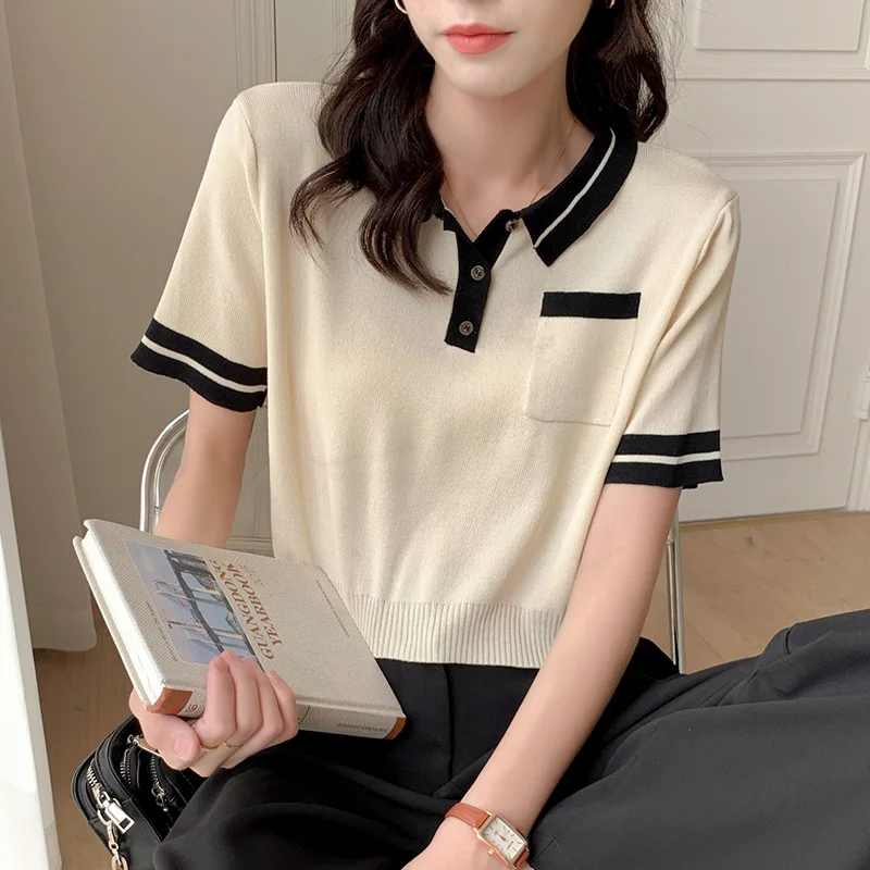 

Polo collar knit short-sleeve top women summer design niche T-shirt thin 2022 new tide INS sweet cool T-shirt