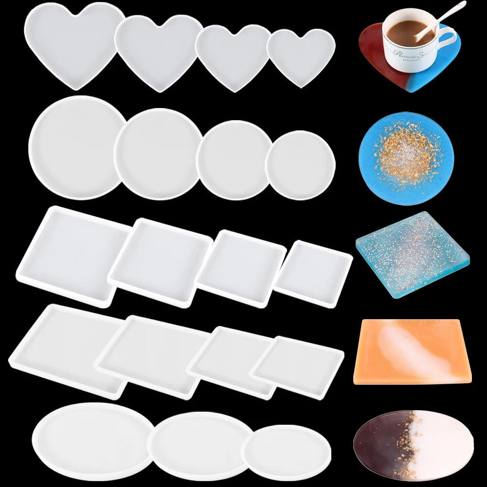 

Coaster Silicone Resin Mold Round Heart Square Rectangle Oval Cup Storage Tray Casting DIY Craft Jewelry Making Home Decoration