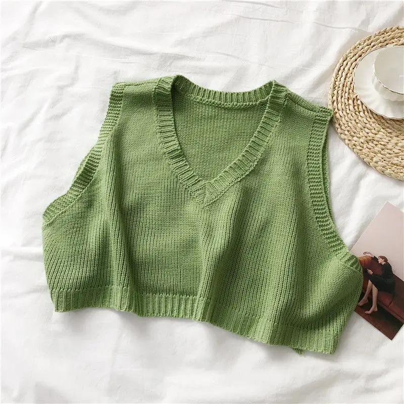 

Green Highstreet Fall V-neck Knit Sleeveless Sweater Easy UltraShort Vest Loose Out Coat Lady Top Cloth for Girl Women Waistcoat