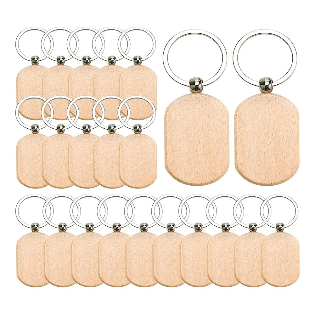 

70 PCS Wooden Keychain Blanks, Wood Engraving Blanks Key Chain, Unfinished Rectangle Round Wood Key Tag for DIY Crafts
