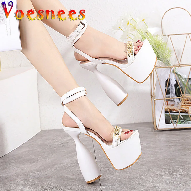 

New Genuine Leather High Heels Shoes Summer Sexy Models Thick Platforms Sandals Fashion Gold Chain Design Nightclub Women Pumps