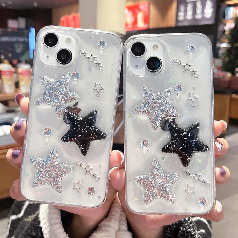 

Luxury Drop Glue Glitter Star Case For iphone 13 14 Pro 7 8 Plus Soft Silicone Phone Funda 12 11 Coque X XR XS Max Cover SE 2020