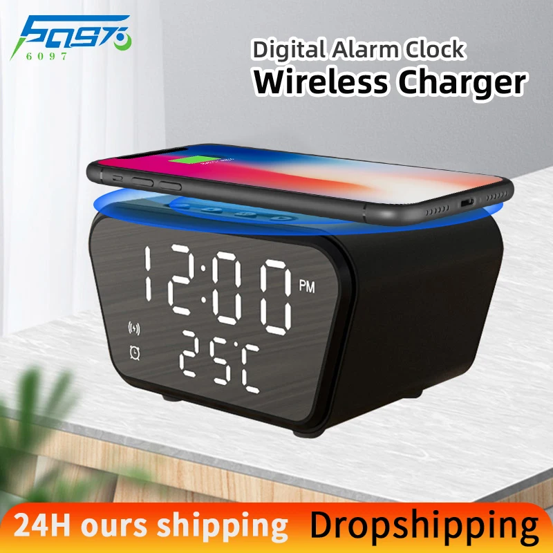 

6097 Qi Wireless Charger For IPhone 13 12 Electric Alarm Clock Digital 15W fast charging Thermometer HD Mirror Time Memory