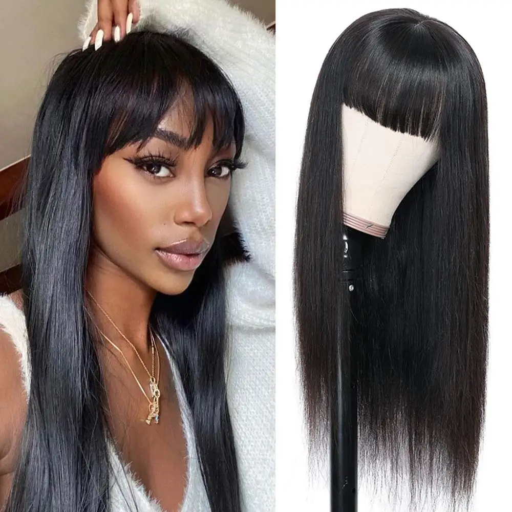 Straight Wig With Bangs Fringe Human Hair Wig For Black Women Brazilian Remy Hair Glueless Full Machine Made Wig With Bangs