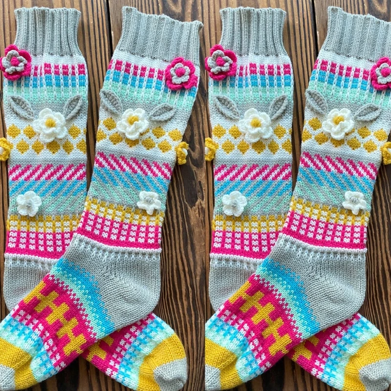 

Women Crochet Knit Knee High Socks Ethnic Multicolor Geometry 3D Flower Stocking