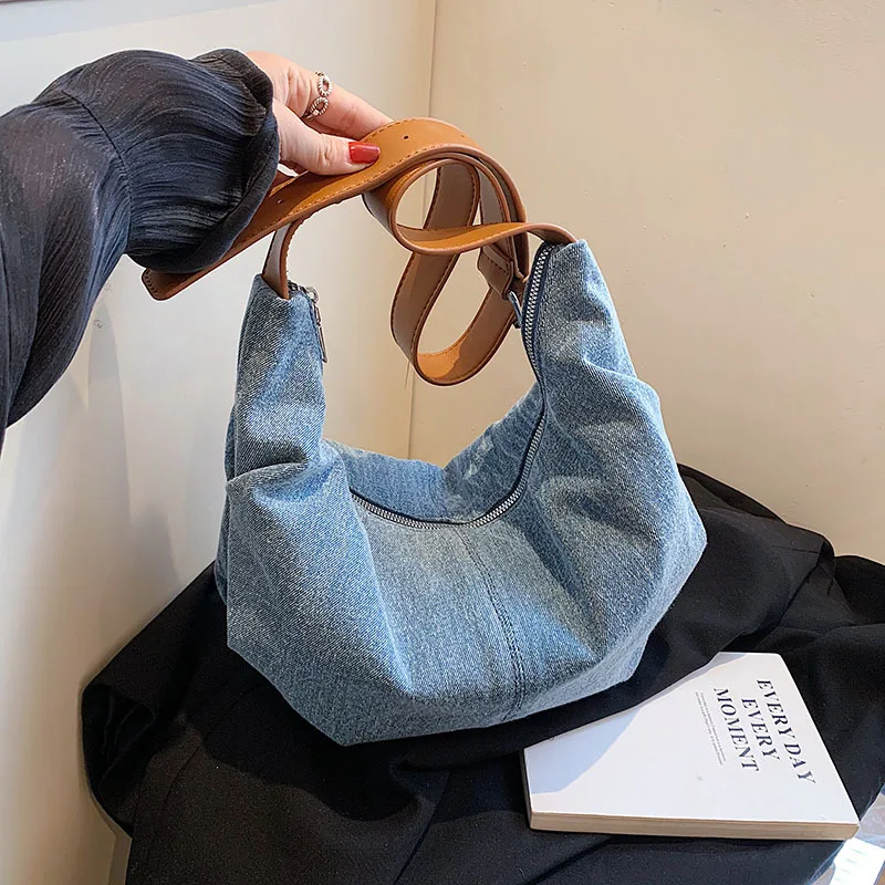 

Women's Denim Shoulder Bag Casual Dumpling Underarm Bags Double Zipper Canvas Crossbody Bag for Women Ladies Female New Design