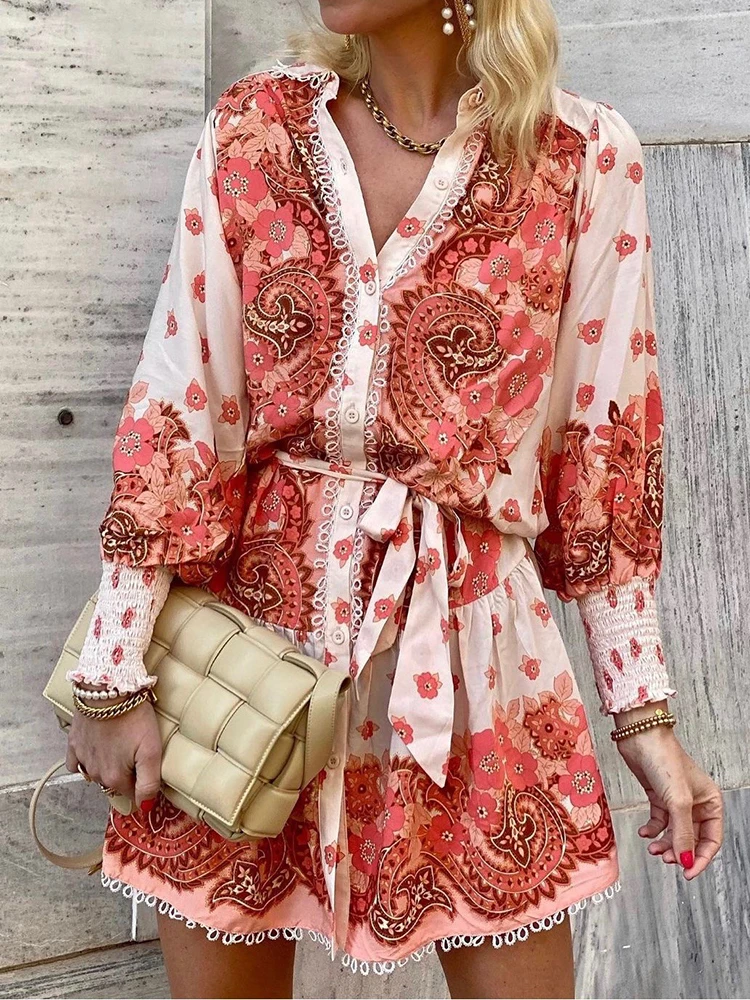 

Vintage Print Holiday Mini Dress Women Fashion Spring Long Sleeve Lapel Single Breasted Dress Ladies Casual Lace Up Loose Dress