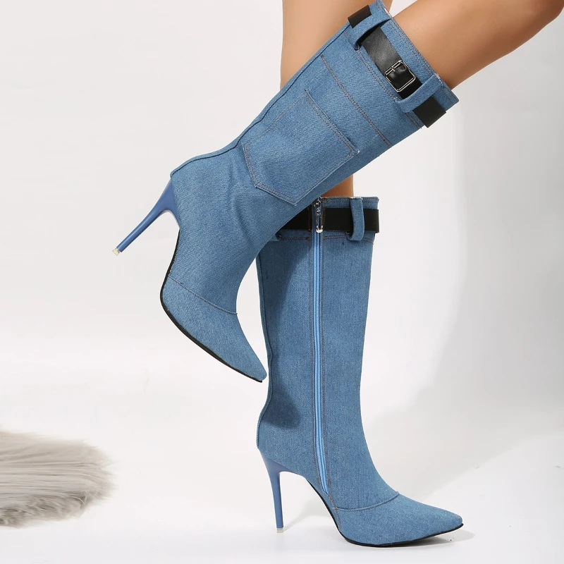 

Dovereiss 2022 Fashion Clear Heels Blue Denim Jeans Boots Knee High Boots Stilettos Heels Female Boots Large Size