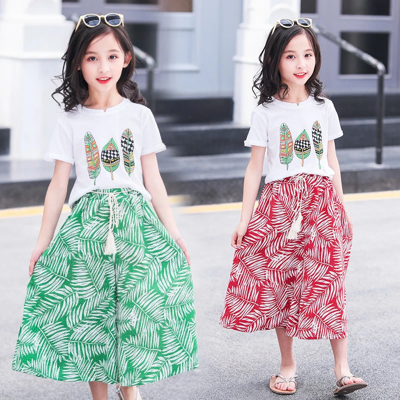 

2022 New National Style Printed Wide Leg Pants Two-piece Set Young Children Clothing Sets Mother Kids Clothes