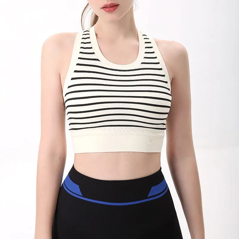 

Модный облегающий полосатый вязаный спортивный жилет для йоги со встроенной нагрудной подушкой для женщин влагоотводящий спортивный кроп-...