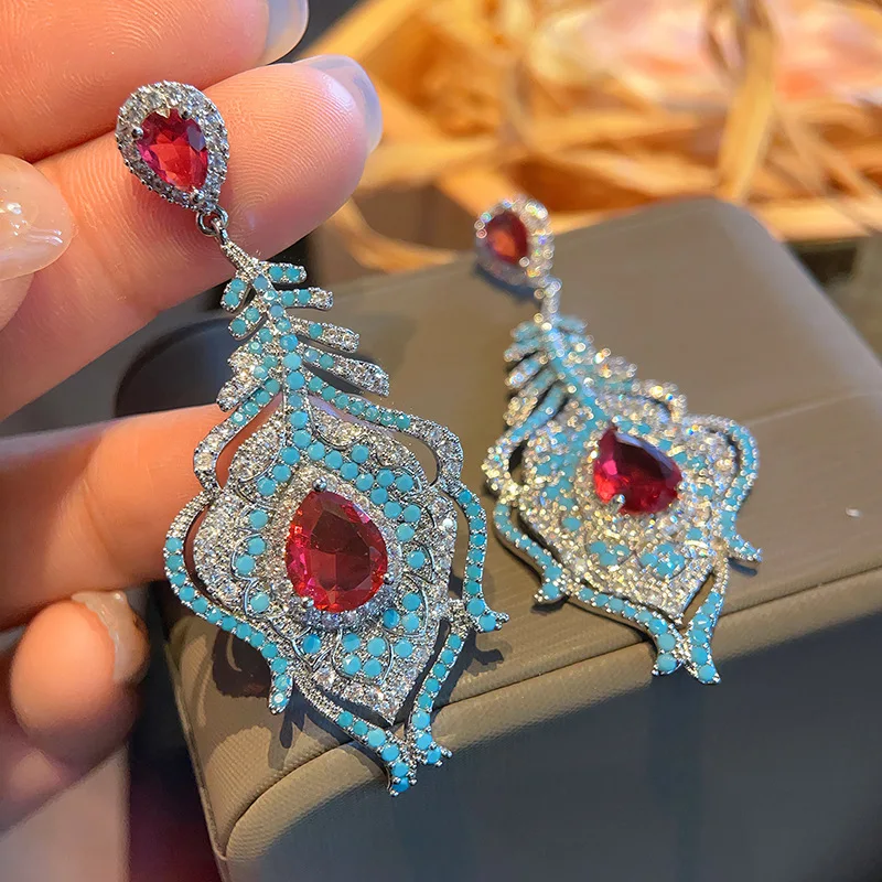 

S925 Silver Needle Personalized Novel Feather Leaf Earrings Vintage Colorful Zircon Micro Inlaid Earrings