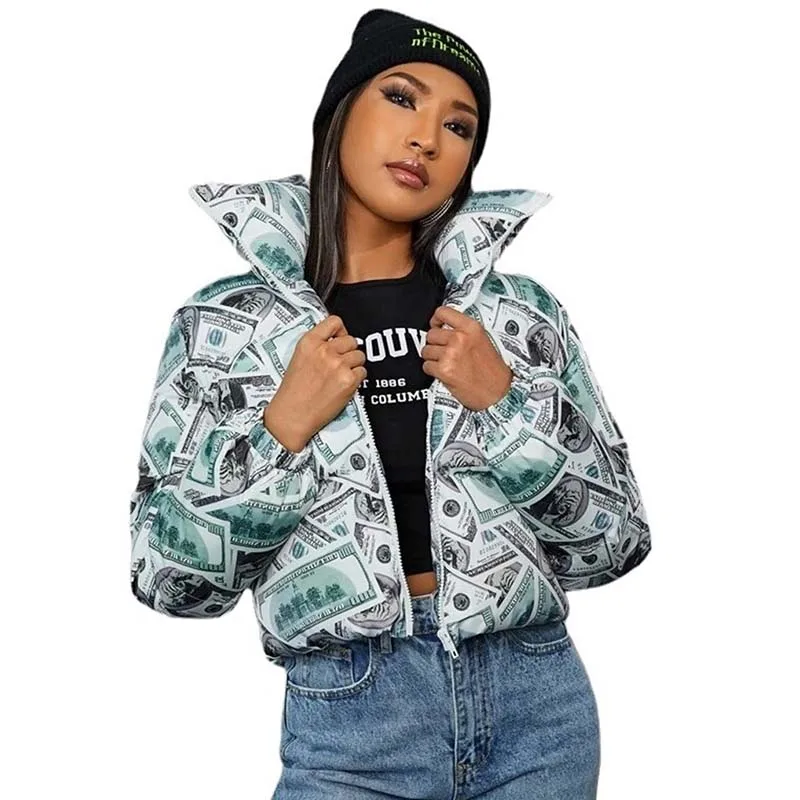 

2022 короткие куртки с хлопковой подкладкой женские зимние парки с воротником-стойкой одежда с принтом хлеба толстые теплые свободные топы ж...