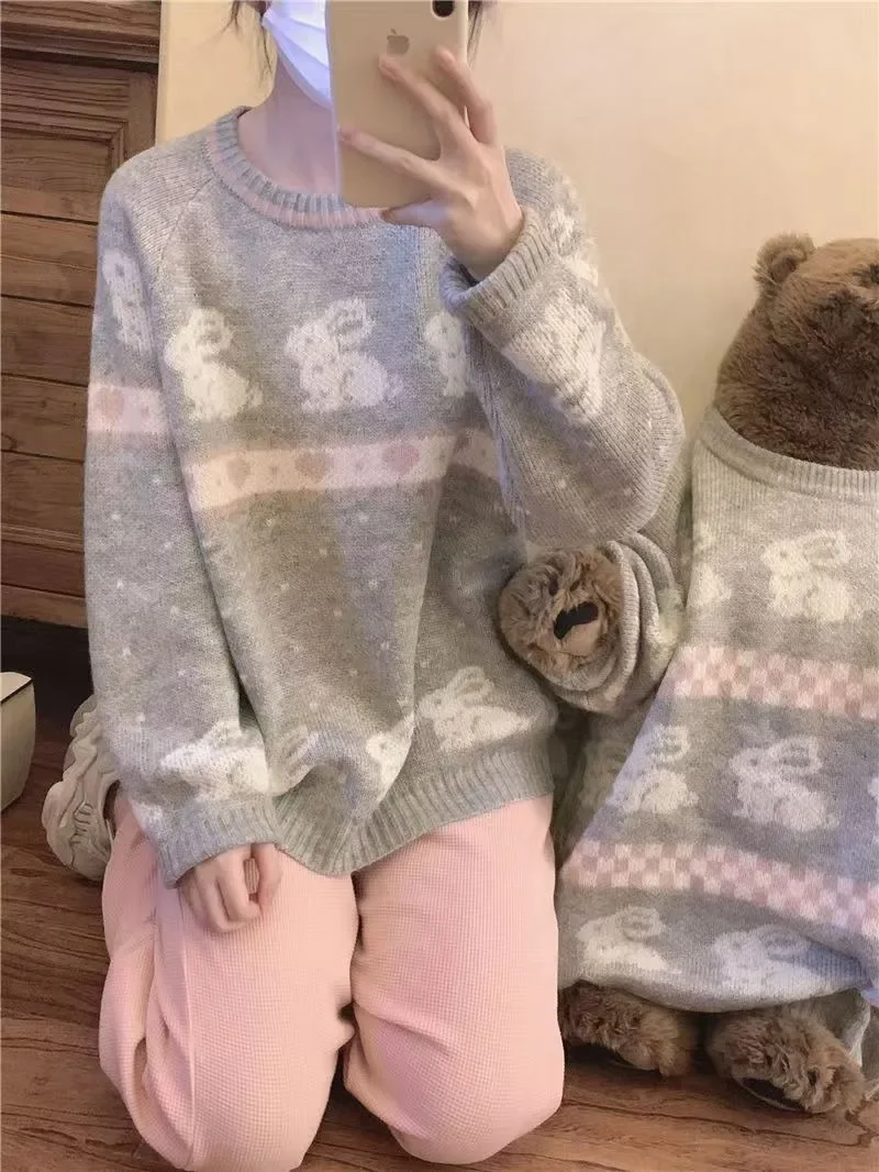 Серый жаккардовый свитер Love Rabbit для девочек Свободный вязаный пуловер большого