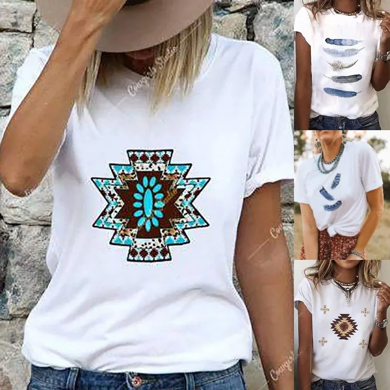

Футболка женская с этническим принтом, Повседневная Удобная тенниска с круглым вырезом и коротким рукавом, белая хлопковая майка в стиле ре...
