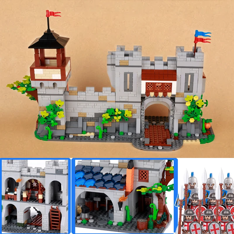 

Medieval Military Castle Building Blocks Wall Gate Tower Bricks Rome Knight Figures Shield Spear Weapon Accessories Kids Toys